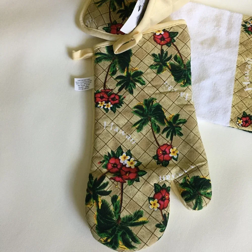 AJW Inc. Hawaii 3 Pieces Kitchen Towel Set 100% Cotton Hawaiian Floral Palm NWT!